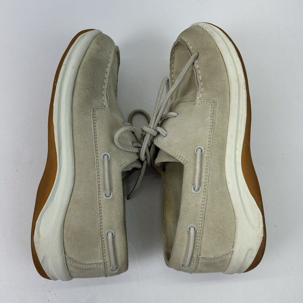 Lands End Boat Shoes Women's 7B Beige Leather Cushioned Insole Casual Slip On - Picture 6 of 14